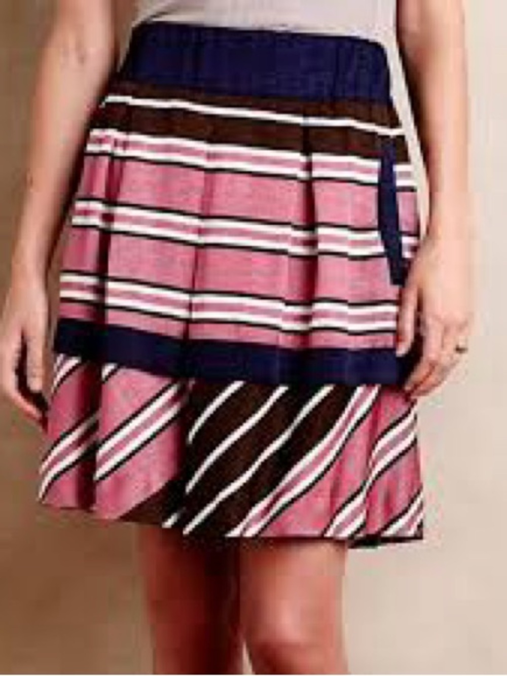 Maeve Pink, Navy & Brown Striped Tiered Skirt